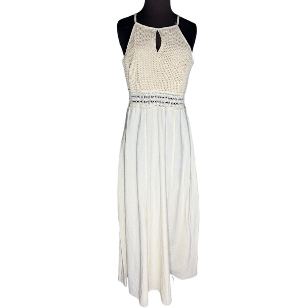 Vtg Cream Crochet Top Boho Minimalist Beachy Maxi Dress M Feminine Resortwear